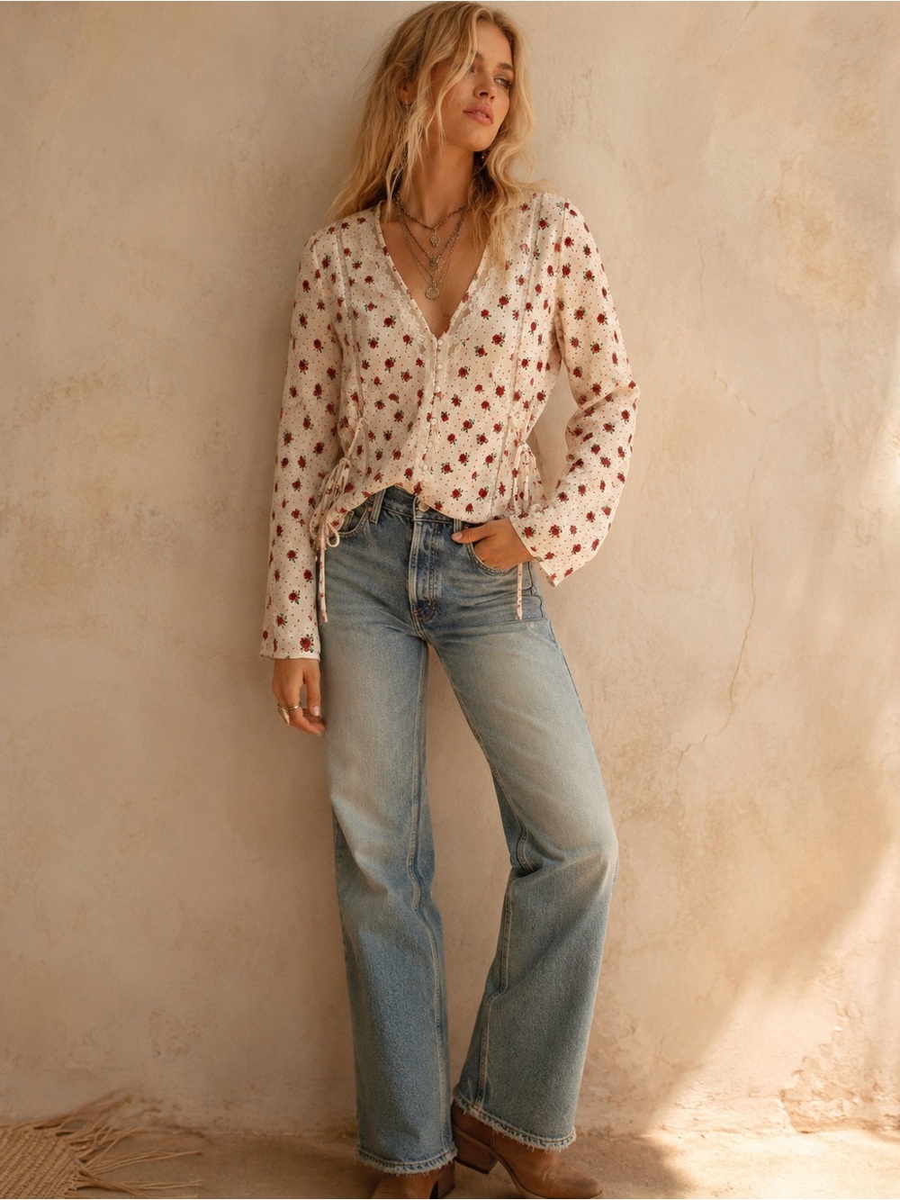Free People Run Free Blouse Medium Ivory Red Rose Floral Lace Tie Boho Top